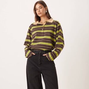 ASOS cotton Striped Rugby Polo Top in Brown and Lime size small